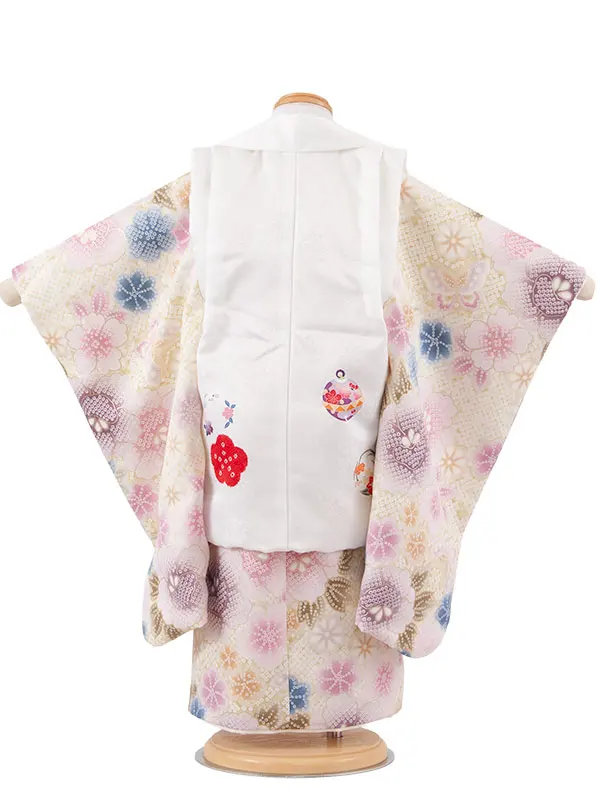 七五三レンタル （3歳女児被布）3712 白×青丹色 絞り調 花づくし
