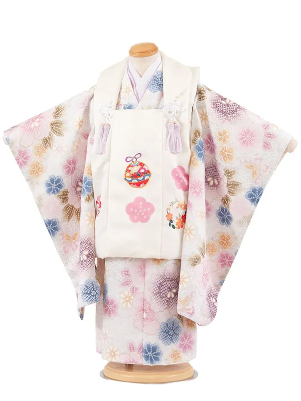 七五三レンタル （3歳女児被布）3713 アイボリー×くすみブルー 絞り調 花