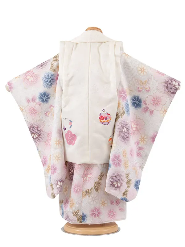 七五三レンタル （3歳女児被布）3713 アイボリー×くすみブルー 絞り調 花