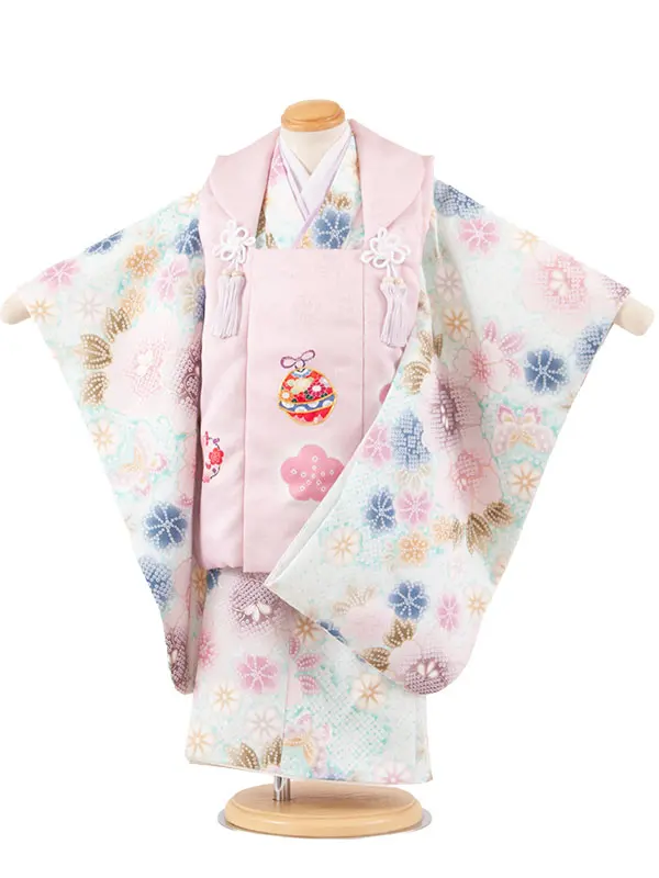 七五三レンタル （3歳女児被布）3714 ピンク×青緑色 絞り調 花づくし