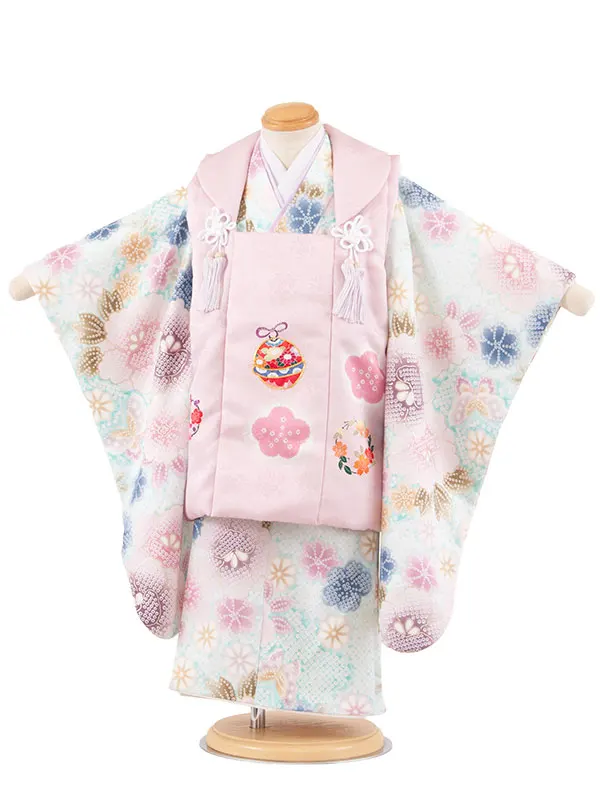 七五三レンタル （3歳女児被布）3714 ピンク×青緑色 絞り調 花づくし
