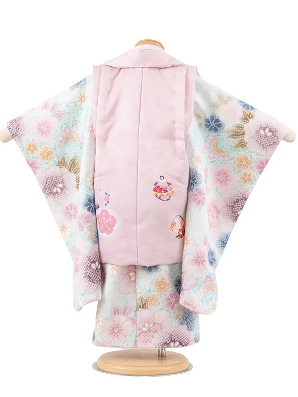 七五三レンタル （3歳女児被布）3714 ピンク×青緑色 絞り調 花づくし