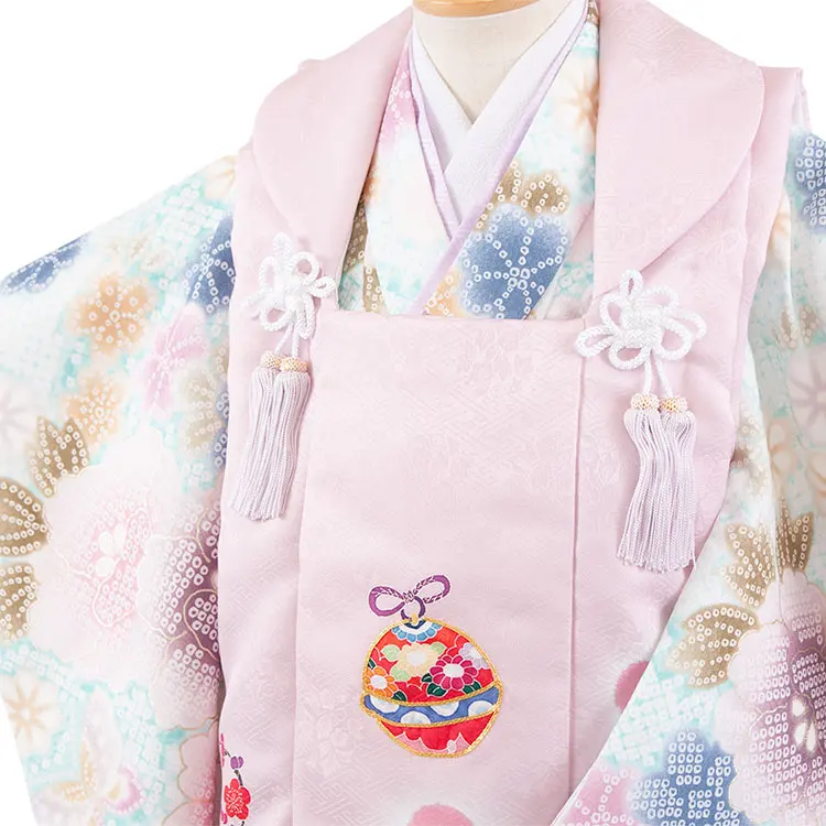 七五三レンタル （3歳女児被布）3714 ピンク×青緑色 絞り調 花づくし