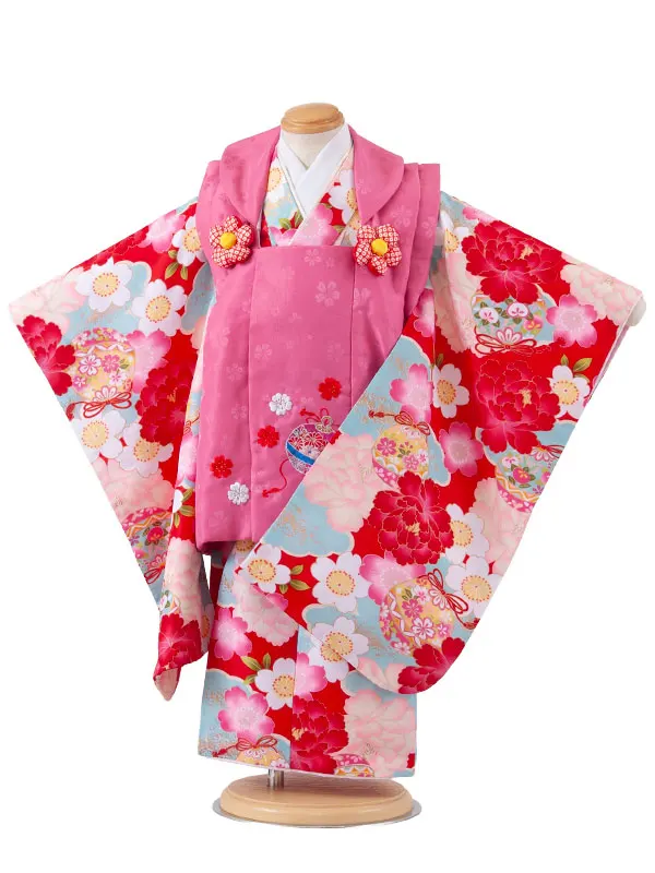 七五三レンタル （3歳女児被布）3716 ピンク×赤 牡丹