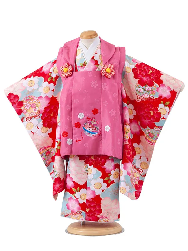 七五三レンタル （3歳女児被布）3716 ピンク×赤 牡丹