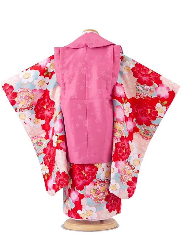 七五三レンタル （3歳女児被布）3716 ピンク×赤 牡丹