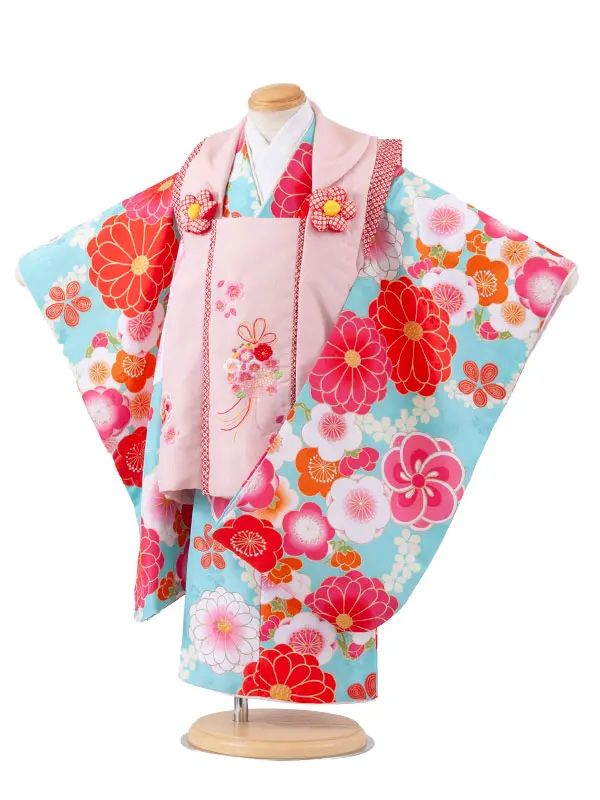 七五三レンタル （3歳女児被布）3719 薄ピンク×空色 ねじり梅