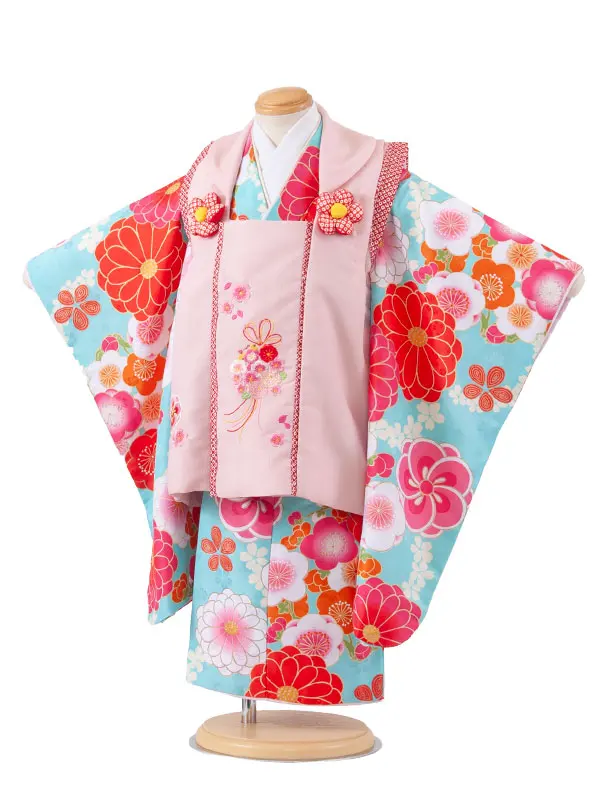 七五三レンタル （3歳女児被布）3719 薄ピンク×空色 ねじり梅