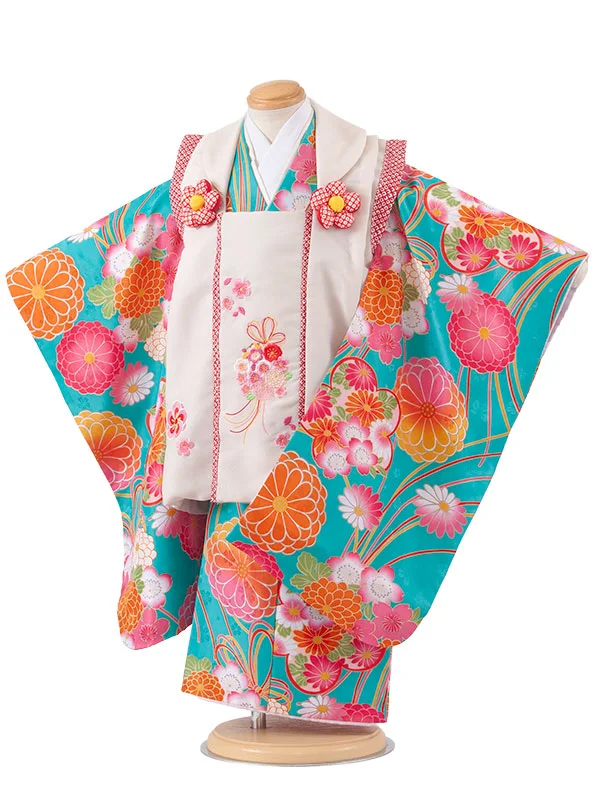 七五三レンタル （3歳女児被布）3722 クリーム×青緑 菊