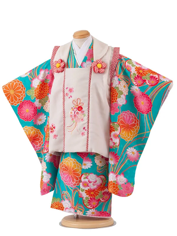 七五三レンタル （3歳女児被布）3722 クリーム×青緑 菊