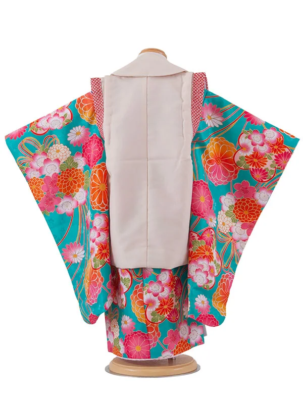 七五三レンタル （3歳女児被布）3722 クリーム×青緑 菊
