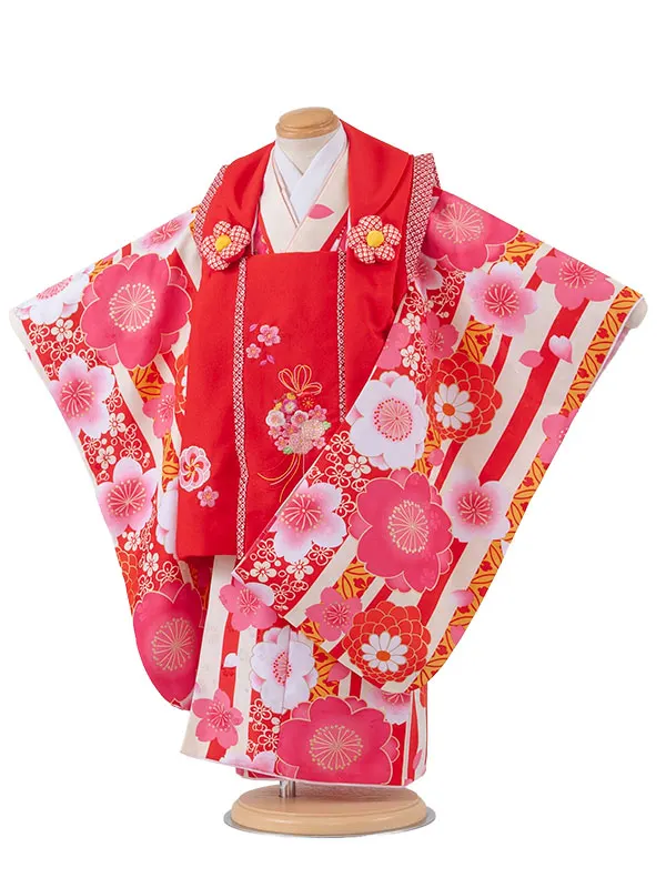 七五三レンタル （3歳女児被布）3723 赤地×クリームストライプ 桜