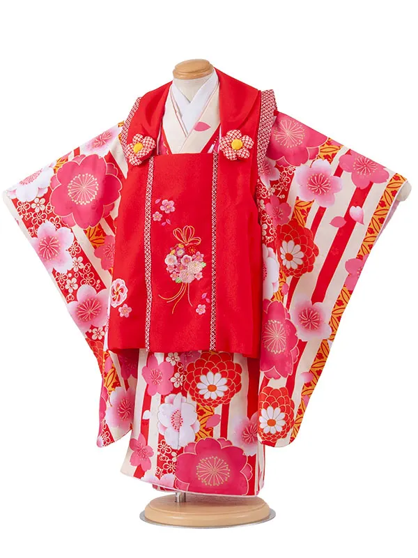 七五三レンタル （3歳女児被布）3723 赤地×クリームストライプ 桜