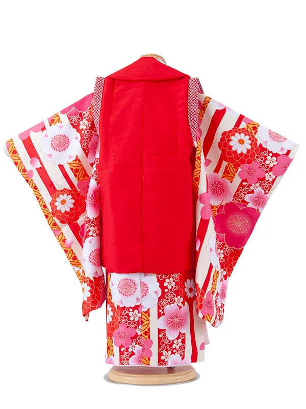 七五三レンタル （3歳女児被布）3723 赤地×クリームストライプ 桜