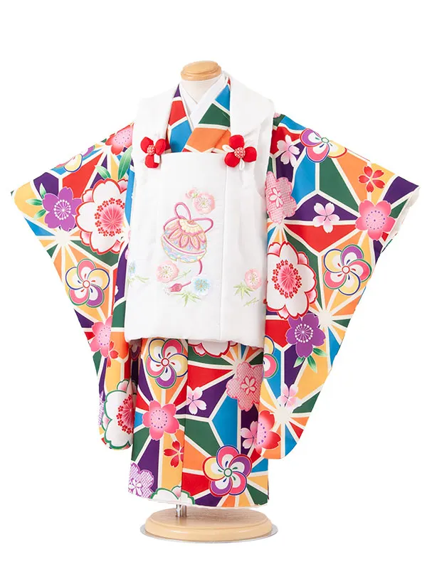 七五三レンタル （3歳女児被布）3726 カラフル 麻の葉 梅桜