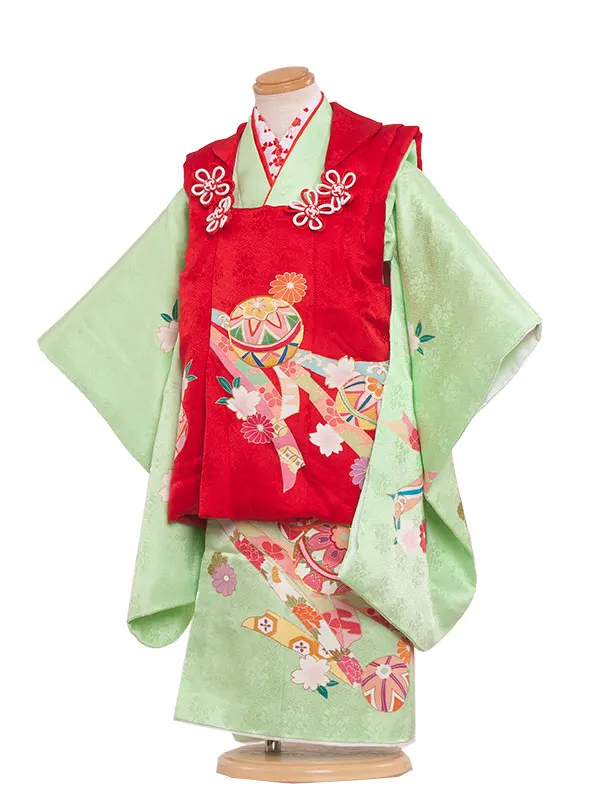 【正絹】七五三レンタル（3歳女子被布）4011ヒワ色/手描きｵﾘｼﾞﾅﾙ