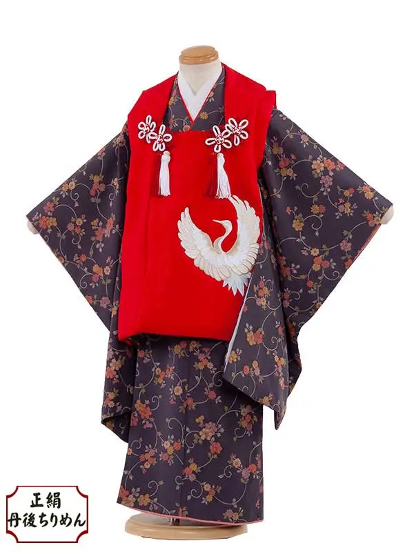【正絹】七五三レンタル（3歳女子被布）4056 丹後ちりめん 赤 つる刺繍