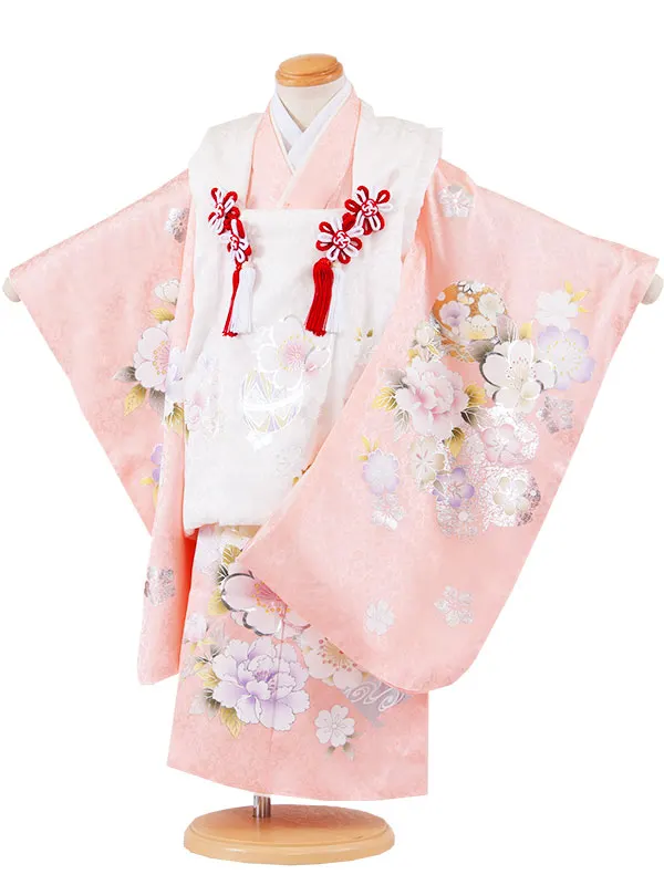 【正絹】七五三レンタル （3歳女児被布）4088 白地×ピンク 銀彩桜まり 牡丹