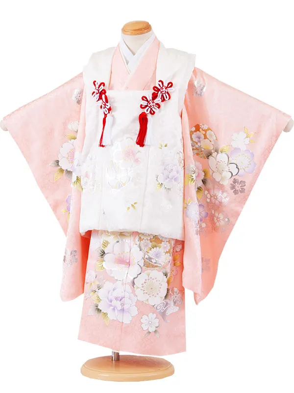 【正絹】七五三レンタル （3歳女児被布）4088 白地×ピンク 銀彩桜まり 牡丹