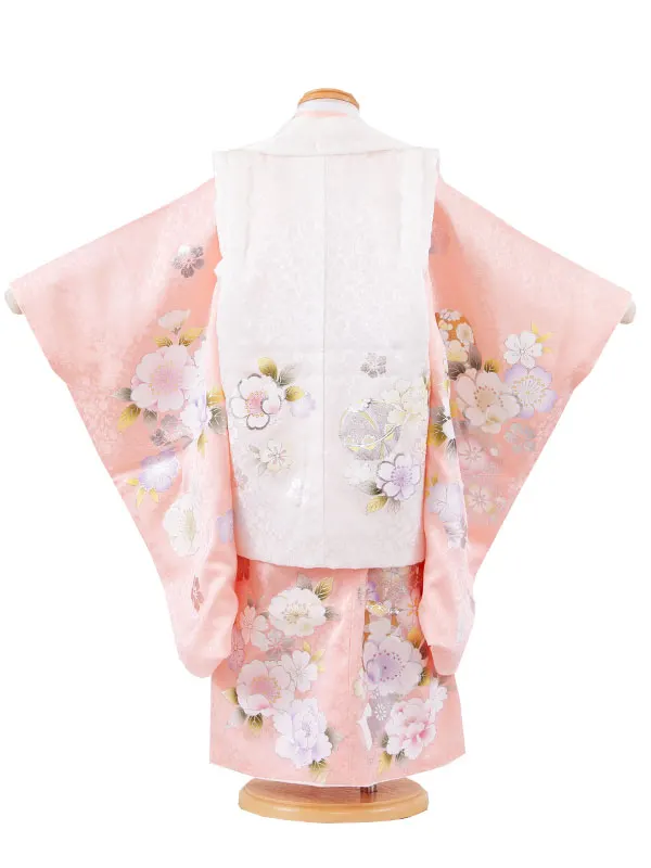 【正絹】七五三レンタル （3歳女児被布）4088 白地×ピンク 銀彩桜まり 牡丹
