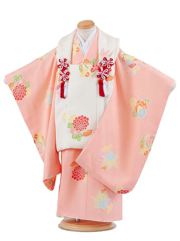 【正絹】七五三レンタル （3歳女児被布）4089 アイボリー×ピンク 花丸文