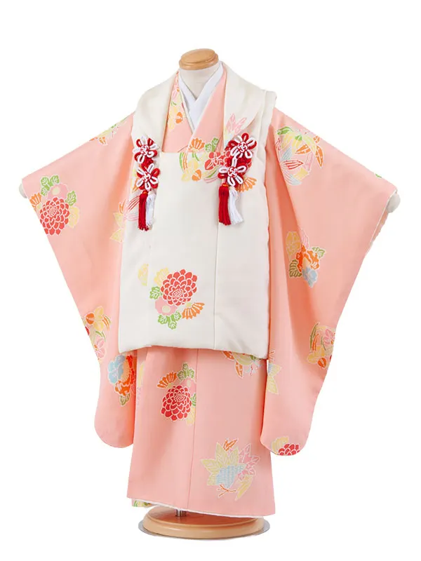 【正絹】七五三レンタル （3歳女児被布）4089 アイボリー×ピンク 花丸文