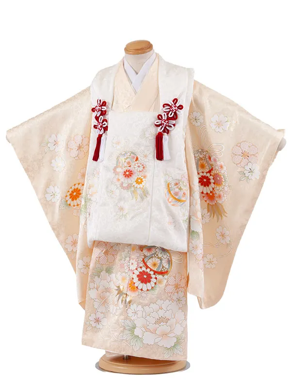 【正絹】七五三レンタル （3歳女児被布）4090 白×エクルベージュ 牡丹 鞠