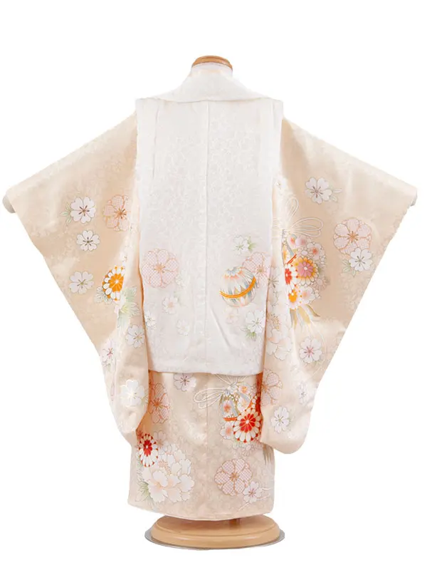 【正絹】七五三レンタル （3歳女児被布）4090 白×エクルベージュ 牡丹 鞠