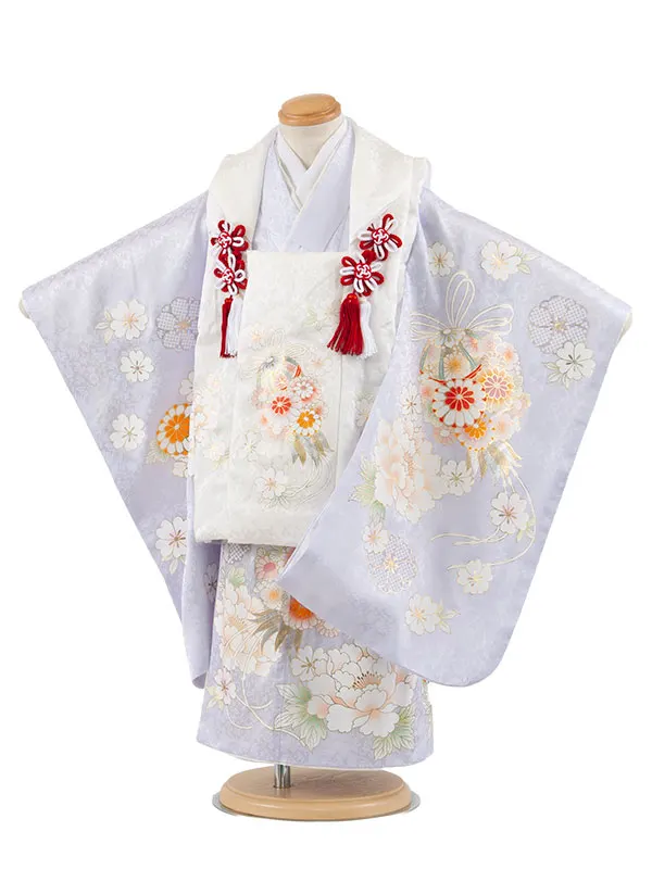 【正絹】七五三レンタル （3歳女児被布）4091 白×薄青紫 牡丹 鞠