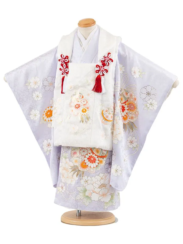 【正絹】七五三レンタル （3歳女児被布）4091 白×薄青紫 牡丹 鞠