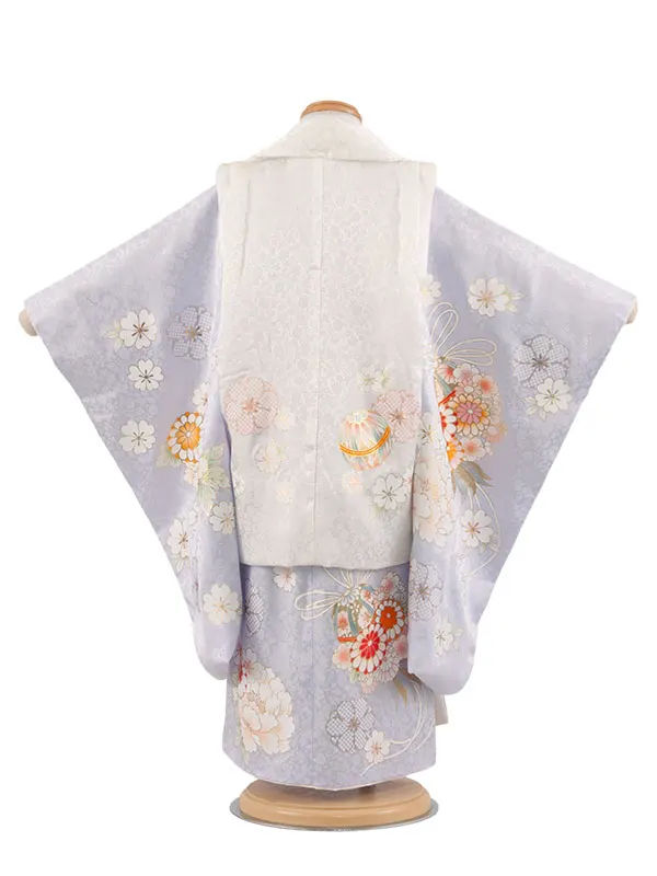 【正絹】七五三レンタル （3歳女児被布）4091 白×薄青紫 牡丹 鞠