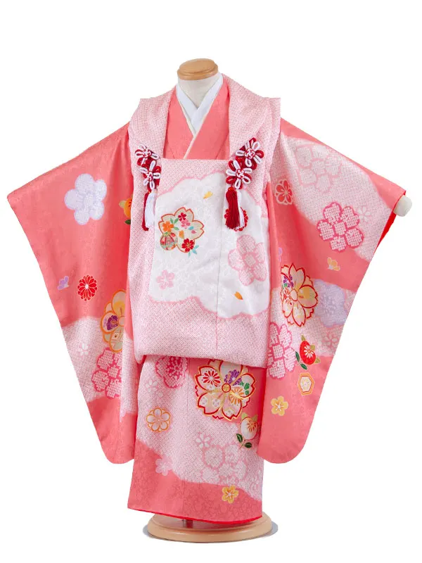 【正絹】七五三レンタル （3歳女児被布）4092 ピンク 絞り調 八重桜に橘