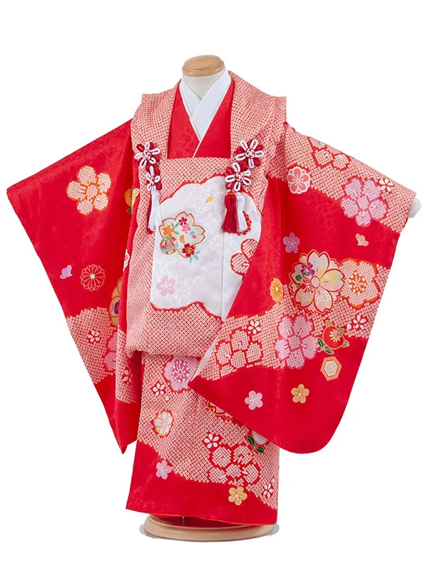 【正絹】七五三レンタル （3歳女児被布）4094 赤地 絞り調 八重桜に橘