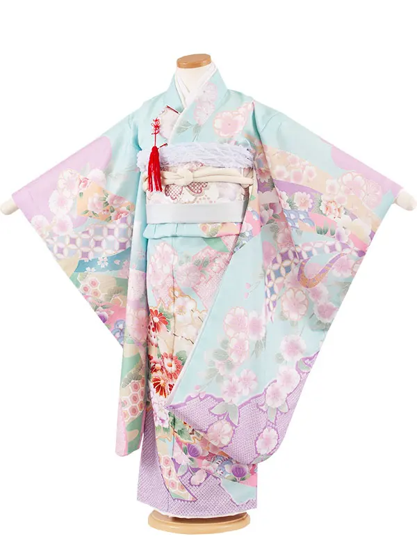 七五三レンタル（5歳女児結び帯） 5036 ミントブルー 桜 束ね熨斗
