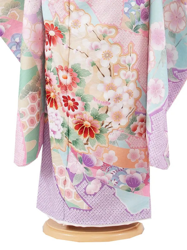 七五三レンタル（5歳女児結び帯） 5036 ミントブルー 桜 束ね熨斗