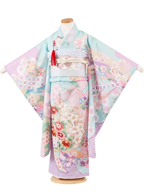 七五三レンタル（5歳女児結び帯） 5036 ミントブルー 桜 束ね熨斗