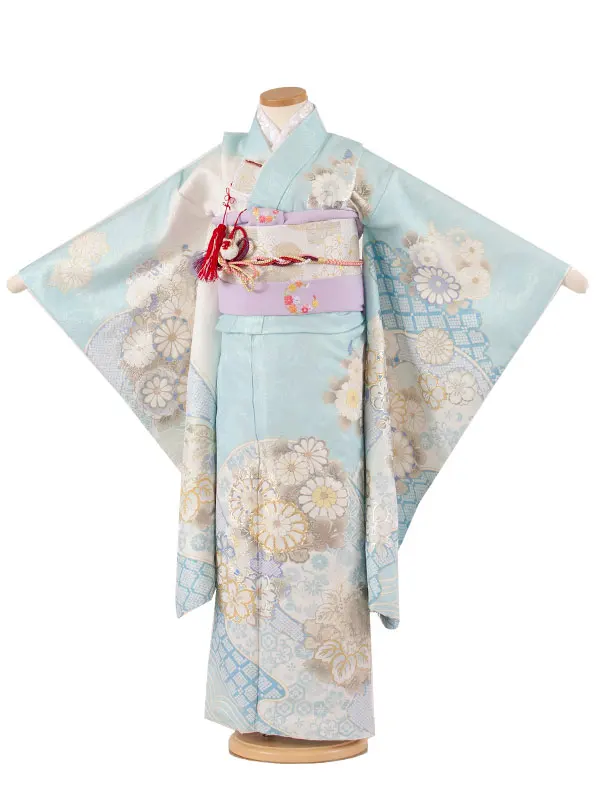 【正絹】七五三レンタル（7歳女児結び帯） 6031 桂由美 水色地 金彩 古典柄