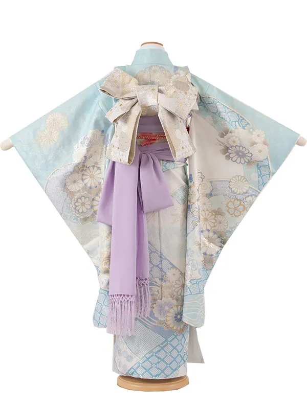 【正絹】七五三レンタル（7歳女児結び帯） 6031 桂由美 水色地 金彩 古典柄