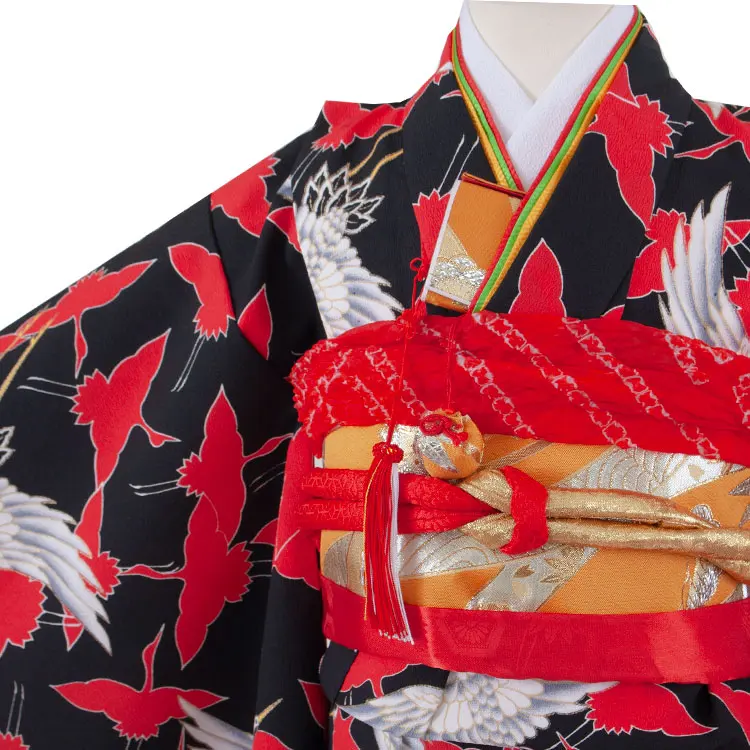 七五三レンタル（7歳女の子結び帯） 7016 黒地 鶴の舞