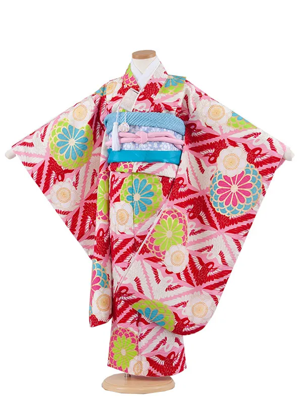七五三レンタル（7歳女児結び帯） 7024 ピンク 紅白鶴 花