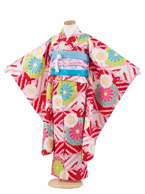 七五三レンタル（7歳女児結び帯） 7024 ピンク 紅白鶴 花