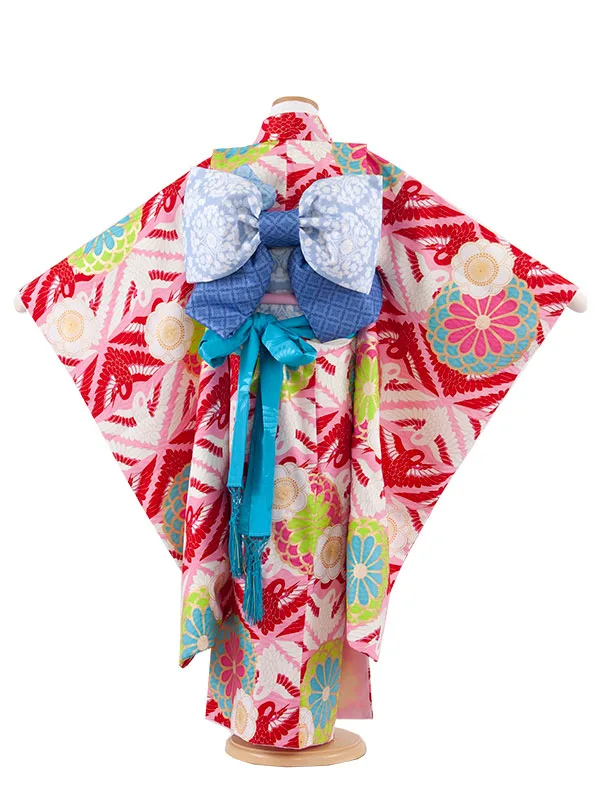 七五三レンタル（7歳女児結び帯） 7024 ピンク 紅白鶴 花