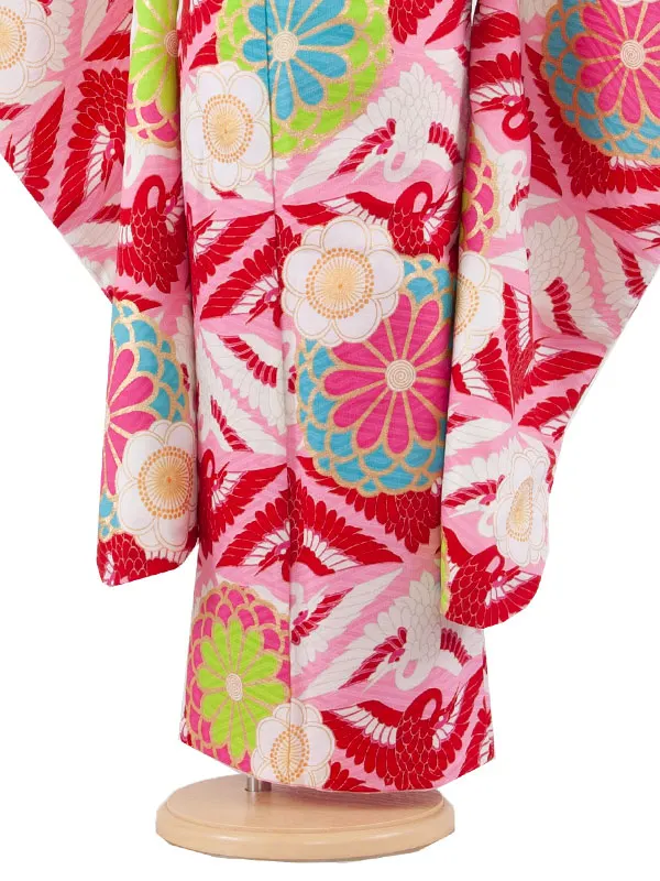 七五三レンタル（7歳女児結び帯） 7024 ピンク 紅白鶴 花