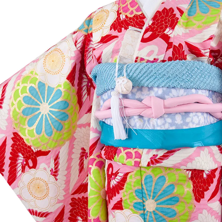 七五三レンタル（7歳女児結び帯） 7024 ピンク 紅白鶴 花