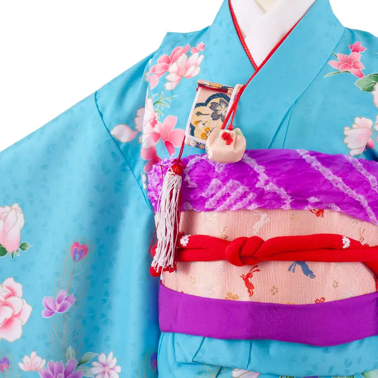 七五三レンタル（7歳女の子結び帯）7103 水色地×薔薇とリボン