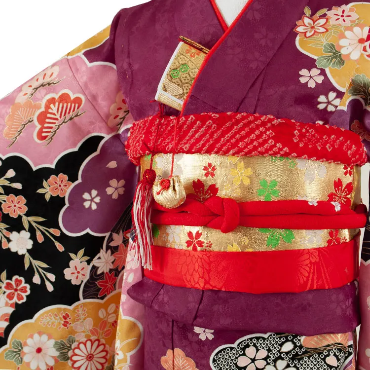 七五三レンタル（7歳女の子結び帯）7116 紫地×古典花