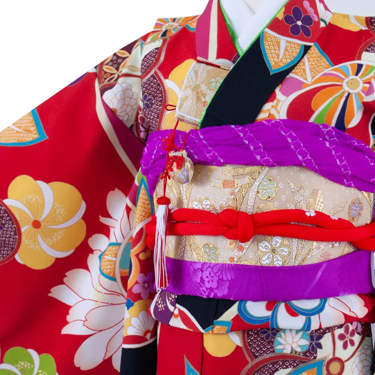 七五三レンタル（7歳女の子結び帯） 7146 赤地×レトロ小紋橘
