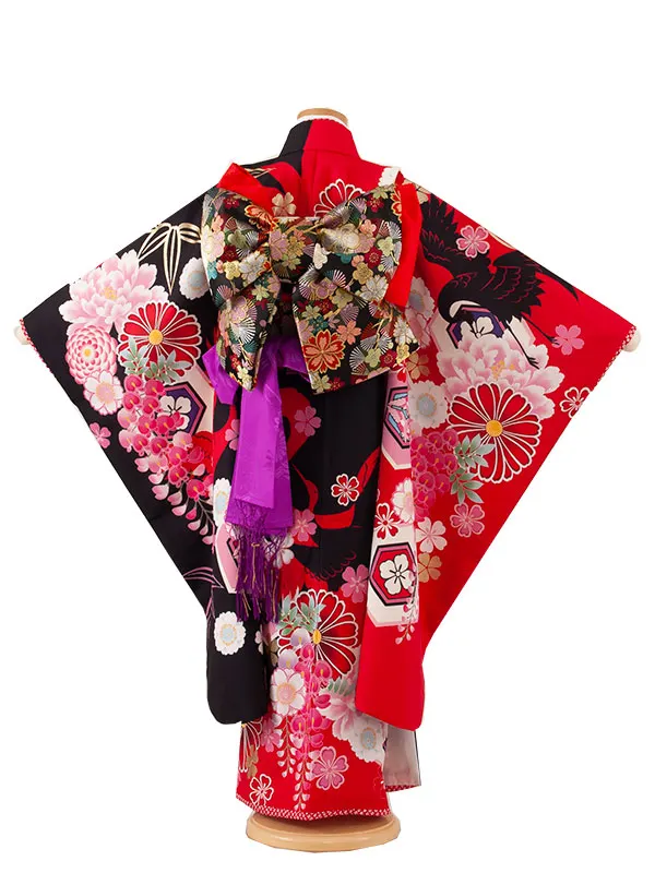 七五三レンタル（7歳女児結び帯） 7172 赤×黒 鶴 牡丹 桜