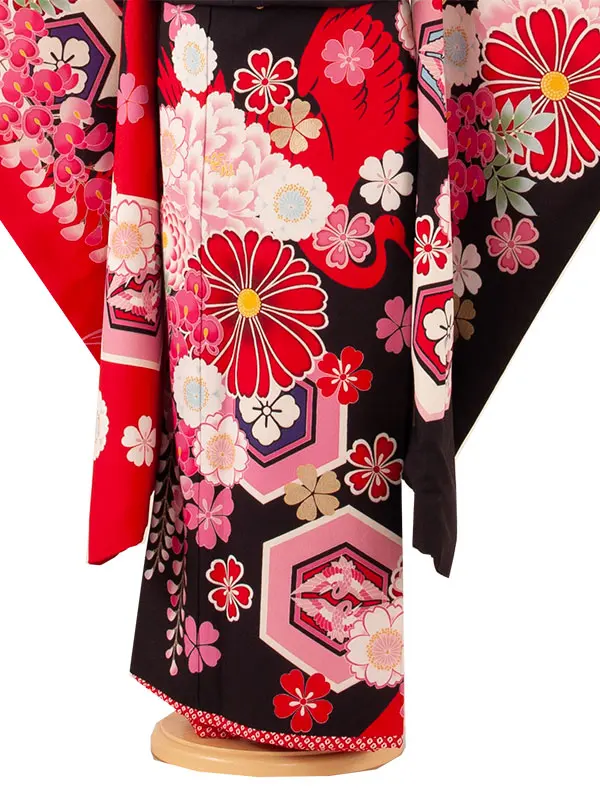 七五三レンタル（7歳女児結び帯） 7172 赤×黒 鶴 牡丹 桜
