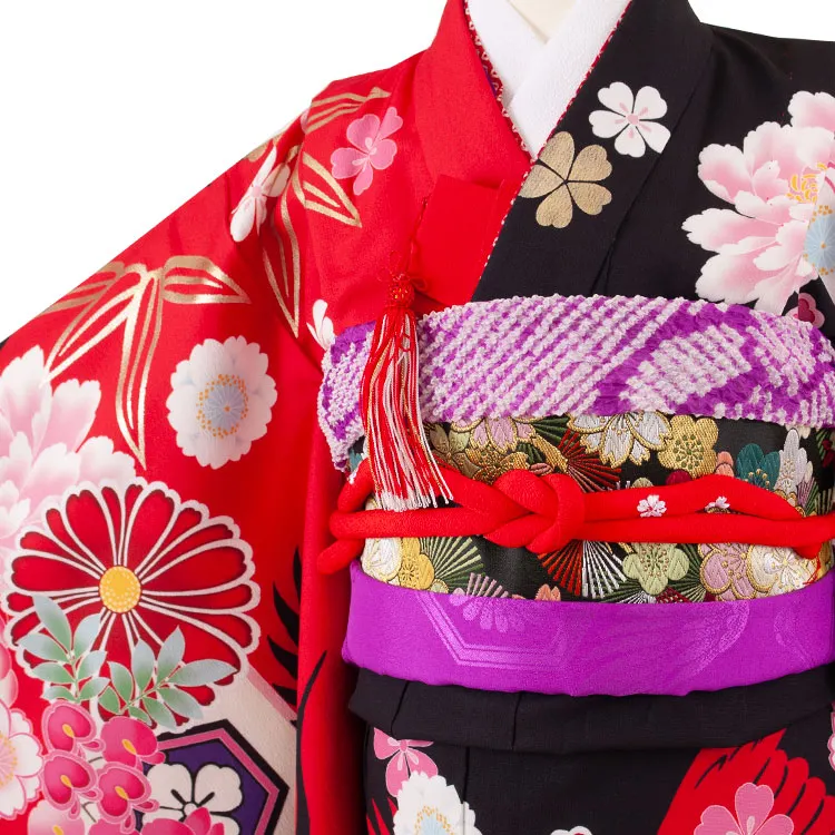 七五三レンタル（7歳女児結び帯） 7172 赤×黒 鶴 牡丹 桜